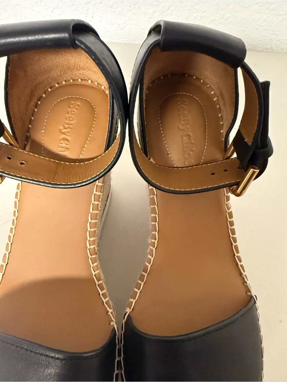 See By Chloé Glyn Black Leather Espadrille Wedge Sandals Size 8 / 38